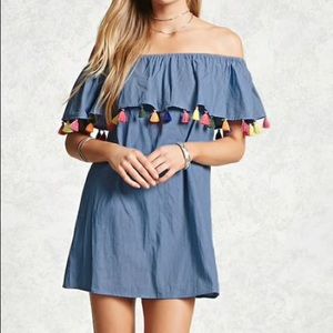 NWT, Denim Off the shoulder dress with tassels